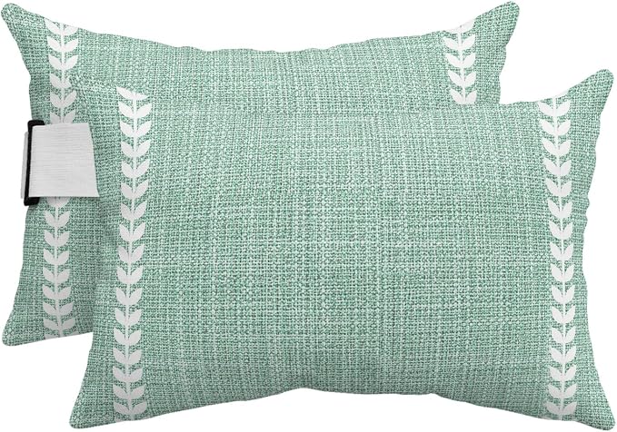 Mint Green Outdoor Lumbar Pillows 12x20 Set of 2, Modern Minimalist Stripes Linen Texture Waterproof Throw Pillow Covers with Insert, Decorative Support Pillows for Lounge, Chaise