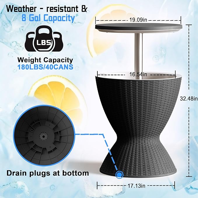 Outdoor Cool Bar Table 8 Gallon Portable Cooler Side Table,3-in-1 Cocktail Coffee Table Rattan Style,Sturdy, Waterproof & UV Resistant,Easy to Assemble & Clean for Indoor & Outdoor Use(Black)