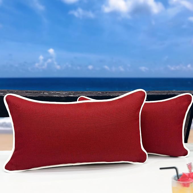HER HWA Outdoor Lumbar Pillow Covers White Piping 20"x12" Set of 2, Red | durable fade-resistant water-resistant 100% polyester white piping smooth zipper machine washable for indoor outdoor décor