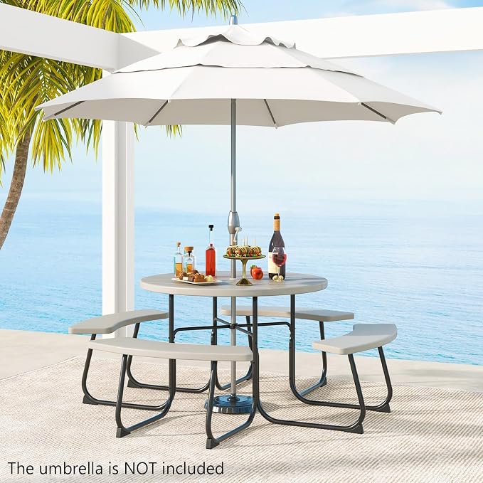 Round Picnic Table for 8 Person, Outside Table Bench Set w/ 4 Built-in Benches, Umbrella Hole, HDPE Top & Metal Frame, 2000LBS Capacity Outdoor Picnic Table for Garden, Porch, Patio (Grey)
