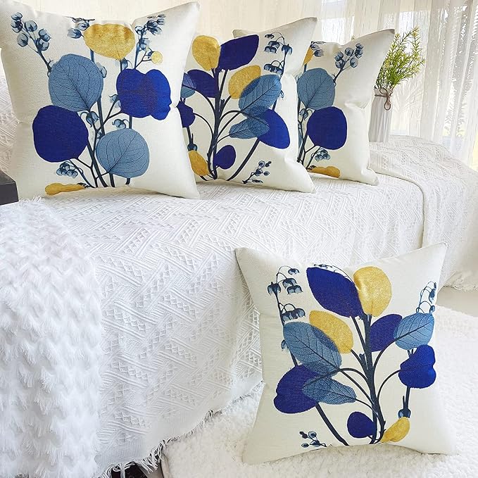 Outdoor Pillow Covers Navy Blue Leaves Waterproof Throw Pillows Case 18x18 inch Set of 4 Garden Patio Furniture for Home Sofa Decorative
