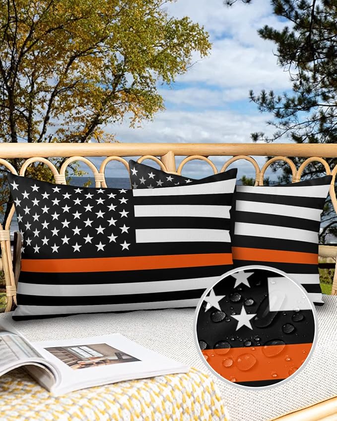 Prime Leader Outdoor Waterproof Pillow Covers Set of 2, Thin Orange Line Flag Search Rescue Officer Patio Throw Pillow Covers, Decorative Cushion Case for Couch Sofa Furniture Garden, 20x12 Inch