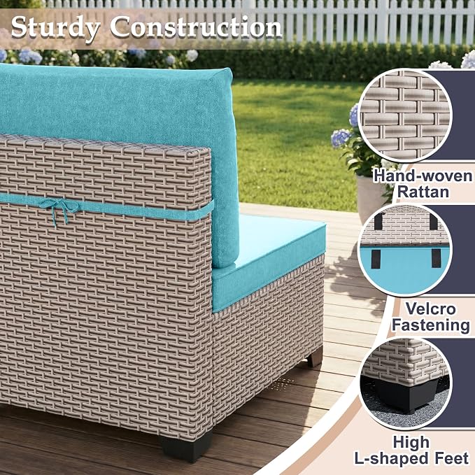 Patio Furniture Set, 8-Piece Outdoor Sectional Sofa with 60,000 BTU Fire Pit Table & 2-Layer Glass Coffee Table, Wicker Patio Conversation Set with Cyan Cushions