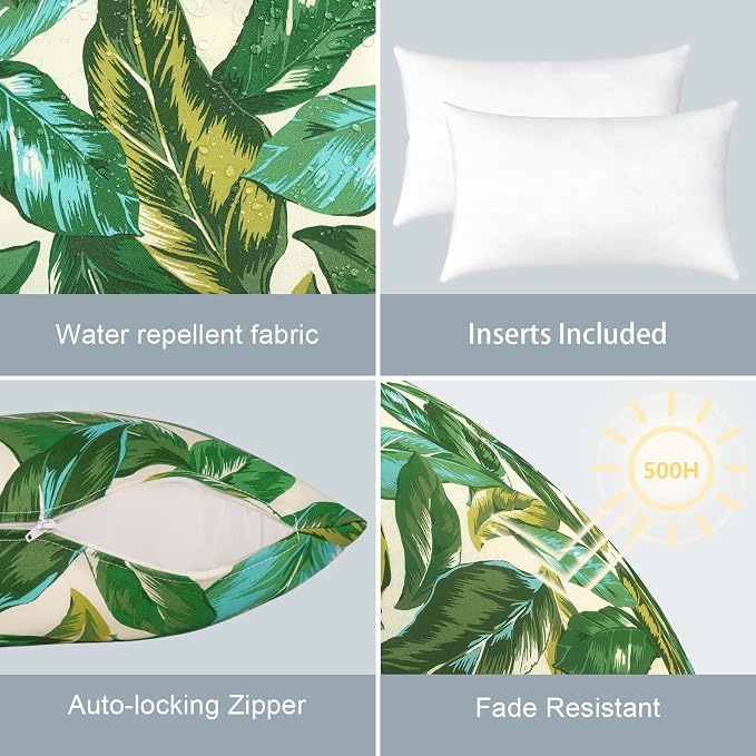LVTXIII Outdoor/Indoor Lumbar Pillows, Decorative Patio Lumbar Cushions, Fluffy Water Repellent Garden Cushions for Home Patio Coach Sofa Use, 12×20 Inch, Pack of 2, Lush Leaf Jungle