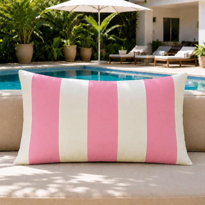 Allorry Lumbar Pillow Cover 12x20 Pink Striped Decoration Throw Pillow Covers for Spring Summer Outdoor Waterproof Garden Patio Furniture Sofa Bed Home Decor JB016-F12