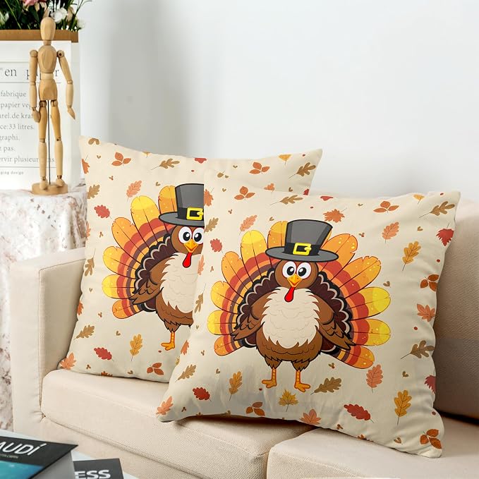 Turkey Pillow Covers 20x20 Set of 2 Thanksgiving Throw Pillow Covers Square Fall Leaves Pillow Case for Thanksgiving Decorations Living Room Couch