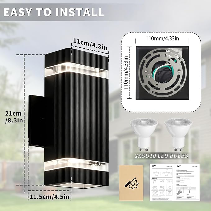 JYV 4 Pack Outdoor Wall Lights, Square Up and Down Porch Lights, Black | Waterproof Exterior Lighting Fixtures, 2x7W 3000K Bulbs, Outdoor Lights for House Porch Garage Patio