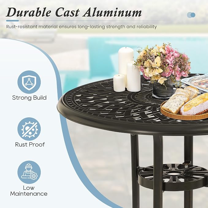 Patio Dining Table,Cast Aluminum Patio Tables with Umbrella Hole, Outdoor Bistro Table for Backyard, Garden, Patio (30" Round Table)