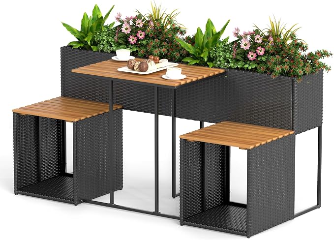 Moccha Patio Furniture Set with Raised Garden Bed - Rattan Outdoor Conversation Set with Bottom Storage, Acacia Wood Seating and Flower Box Set, Garden Planter Table with Chairs for Porch Yard Deck