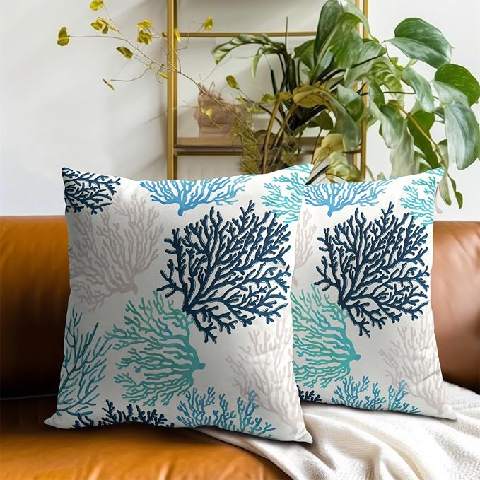 Blue Grey Coral Pillow Covers 16 x 16 Inches Set of 2 Coastal Ocean Marine Life Cotton Linen Pillowcase for Sofa Couch Living Room Outdoor Indoor Home Decor