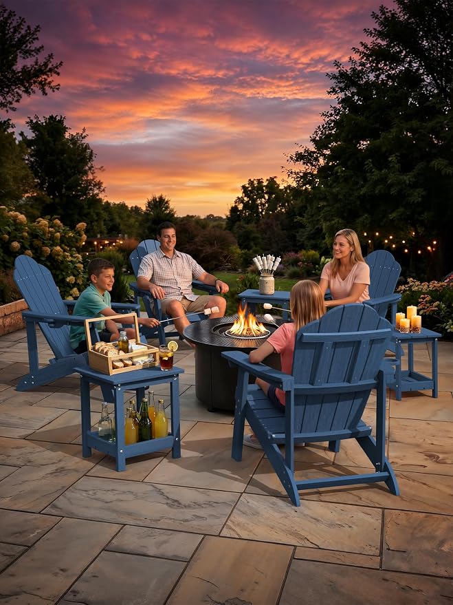 LUE BONA Outdoor Side Table, 2-Tier HDPE Small Outdoor End Table with Rail for Patio, Deck, Poolside, Low Maintenance & Weather Resistant, Prussian Blue