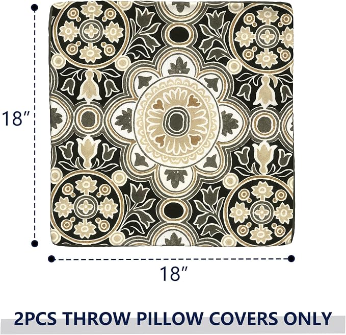 Outdoor Throw Pillow Covers 18x18 Inch, Decorative Pillow Covers for Patio Furniture, Vintage Medallion Modern Cushion Cases for Garden Couch Home Sofa, Pack of 2