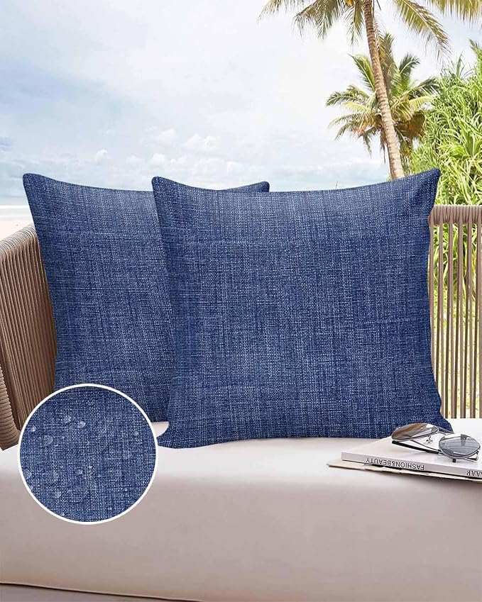 Vandarllin Outdoor Throw Pillows Covers 26x26 inch Set of 2 Waterproof Navy Blue Linen Decorative Zippered Cushion Covers for Patio Furniture, Farmhouse Pure Color Lumbar Pillowcases