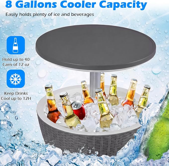 Tangkula Outdoor Cooler Table, Multi-Functional Cooler Bar Table, Adjustable Height Ice Cooler Side Table w/Drain Plug, 8 Gallon Beer & Wine Cooler, Rattan Style Patio Furniture for Pool Parties