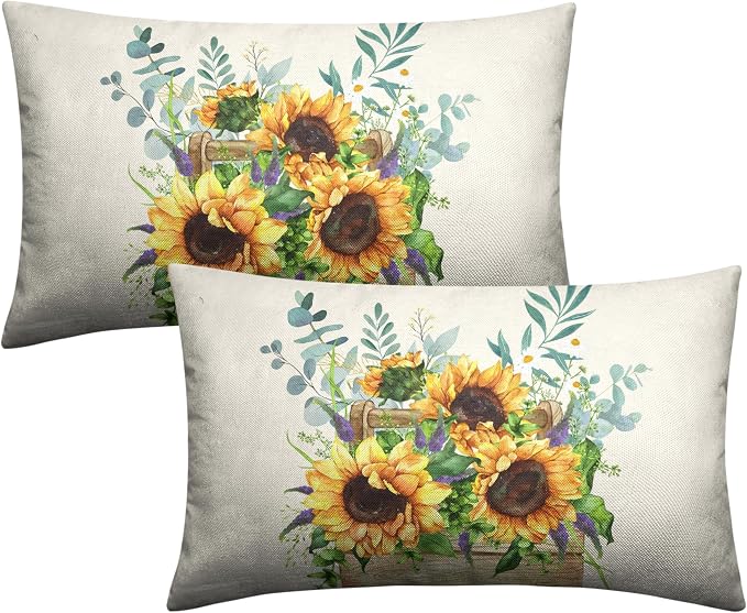 Sunflower Lumbar Pillow Covers Set of 2 Spring Summer Floral Rectangle Throw Pillow Covers 12x20 Flower Decorative Waist Pillowcase for Farmhouse Couch Outdoor