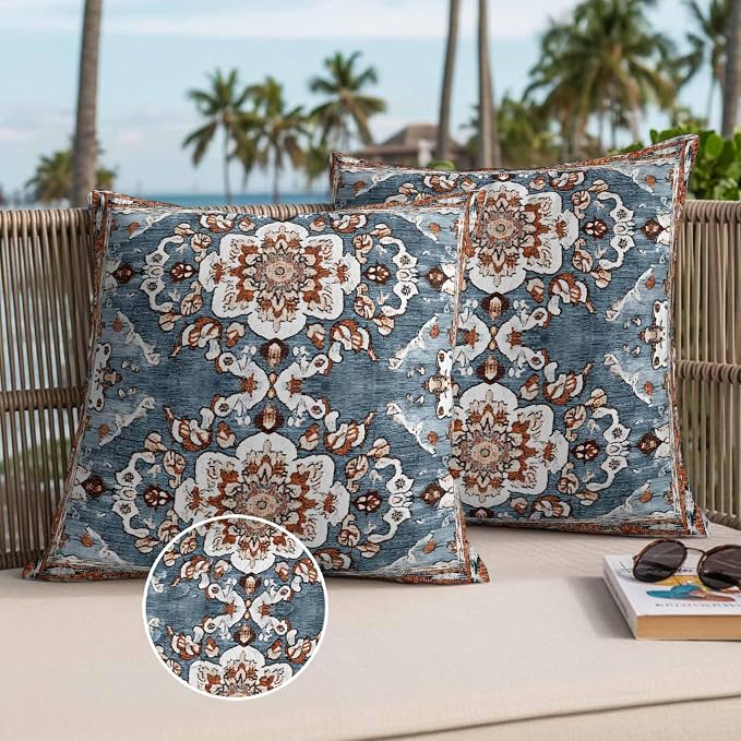 Blue Bohemian Waterproof Outdoor Pillow Covers Set of 2 Home Decor, Retro Pattern Oriental Farmhouse Ethnic Pillowcase Patio Pillow Covers for Couch Bench Furniture Garden 18x18in