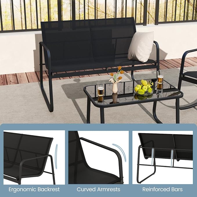 HAPPYGRILL 4 Piece Patio Rocking Bistro Set with 2 Rocking Chairs, Loveseat & Coffee Table, Outdoor Conversation Furniture Set for Garden Poolside Balcony (1)