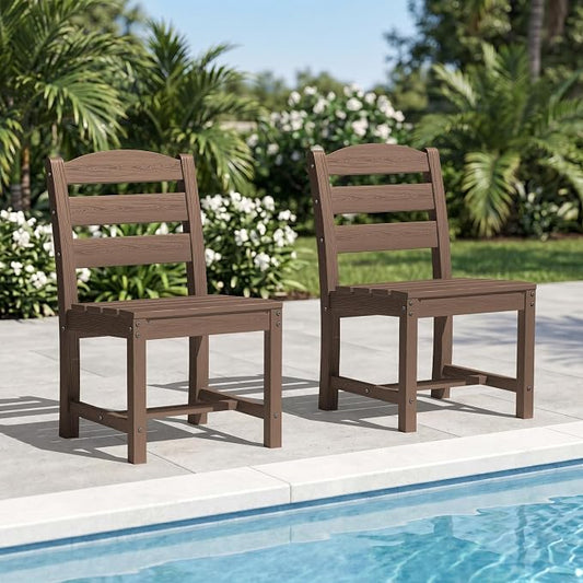 KINGYES Outdoor Armless Dining Chairs Set of 2,All-Weather HDPE Patio Chairs for Backyard,Pooside,Brown