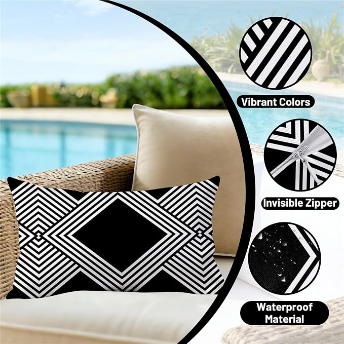 NIGHTWISH Outdoor Waterproof Pillow Covers 12x20 Set of 4 Black and White Modern Geometry Decorative Outdoor Throw Pillows Boho Cushion Cases for Patio Furniture Bench Couch Sunbrella