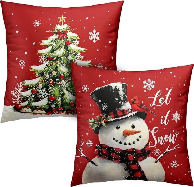Red Christmas Pillow Covers Snowman Throw Pillow Covers Xmas Tree Pillow Case 18x18 Winter Snowflakes Cotton Blend Cushion Case for Holiday Decor Couch Sofa 2 Pack