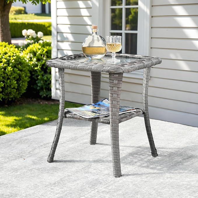 ovios Outdoor Side Table with Tempered Glass Top, Patio Wicker Rattan 2-Tier Storage Coffee End Tables for Porch Deck Balcony Garden Poolside (Light Grey-Small Size)