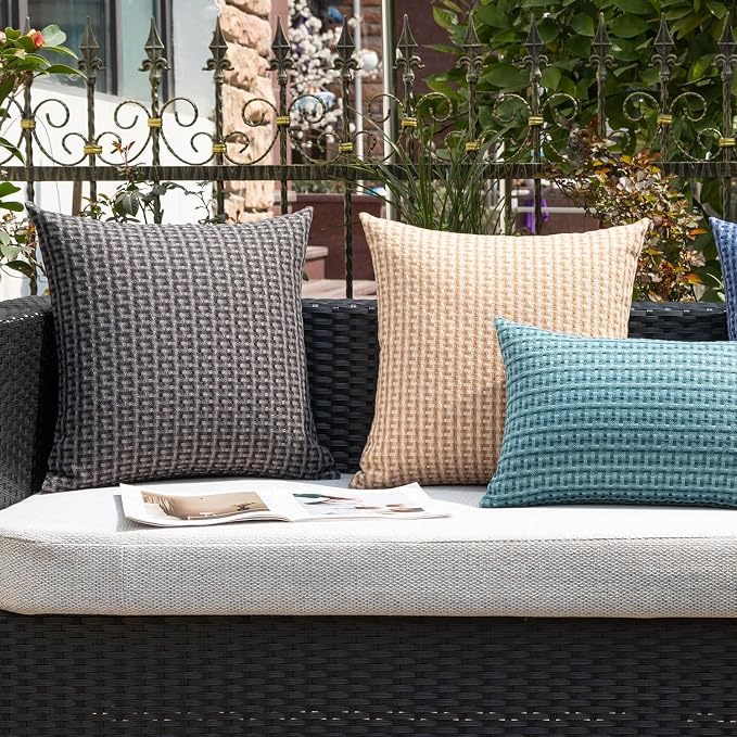 Kevin Textile Outdoor Waterproof 24"x24" Pillow Covers 2 Pack, Dark Grey | Water Resistant Weaving Faux Linen Texture Throw Pillow Covers, Outside Decorative Pillowcases for Garden Patio Balcony Couch