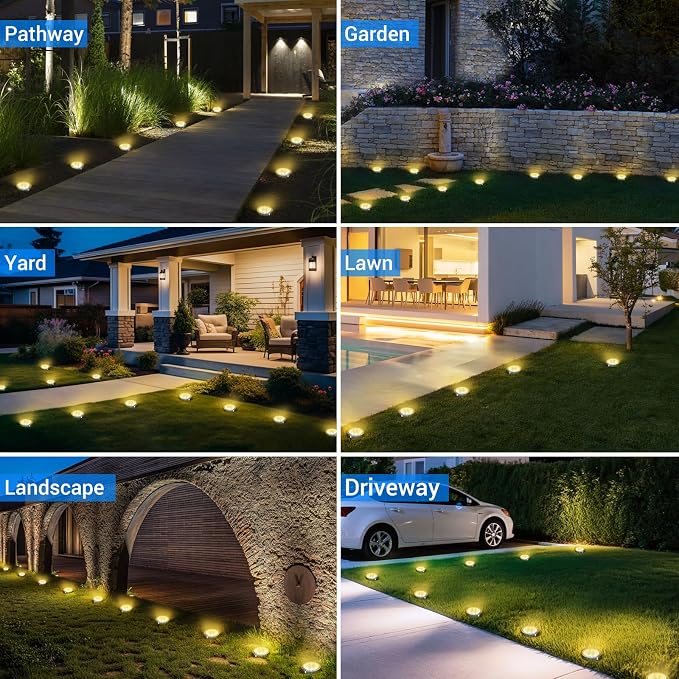 Solar Ground Lights Outdoor, 8 Pack Flat Solar Powered Disc Lights, IP68 Waterproof, Anti-Rust, Landscape Lighting for Pathway Garden Yard Lawn Walkway Landscape Driveway, Mini, Warm White
