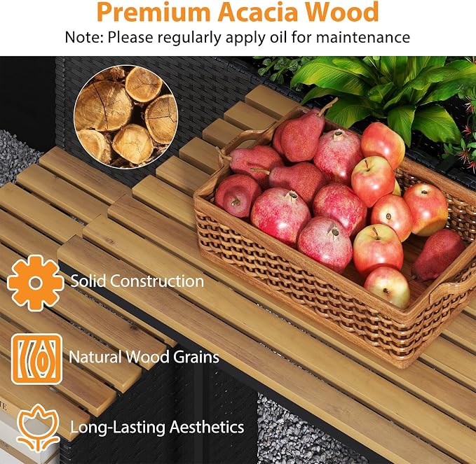 Moccha Patio Furniture Set with Raised Garden Bed - Rattan Outdoor Conversation Set with Bottom Storage, Acacia Wood Seating and Flower Box Set, Garden Planter Table with Chairs for Porch Yard Deck