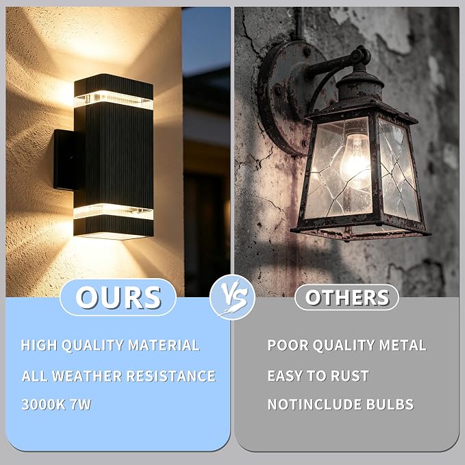 JYV 4 Pack Outdoor Wall Lights, Square Up and Down Porch Lights, Black | Waterproof Exterior Lighting Fixtures, 2x7W 3000K Bulbs, Outdoor Lights for House Porch Garage Patio