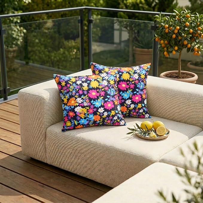 ONWAY Outdoor Floral Pillow Covers 18X18 inch Set of 2 Waterproof Yellow and Pink Flowers Black Decorative Throw Pillowcases for Patio Furniture Garden Spring Summer Cushion Cover