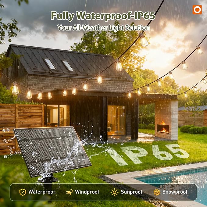addlon 204FT(2 Pack*102FT) Solar String Lights Waterproof, 60+4 LED Bulbs | Patio Lights Solar Powered with Remote & USB Port, 3 Lighting Modes Outdoor Light for Camping Backyard Garden