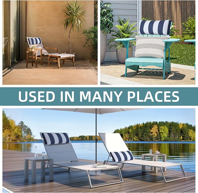 Outdoor Chair Pillows, 4 Pack Chaise Lounge Headrest Pillows Striped Pool Lounge Chair Pillow with Strap Recliner Pillow for Patio Garden Beach Balcony (Navy Blue)