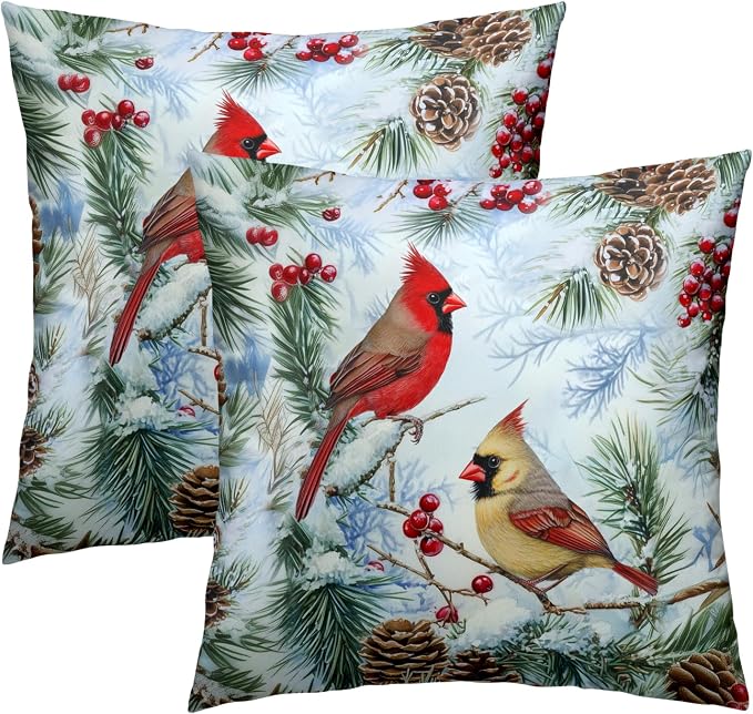 Winter Red Birds Pillow Covers 18x18 Set of 2, Vintage Holly Berry Bird Pine Tree Branch Christmas Throw Pillowcases Square Cushion Cover for Living Room Couch Sofa Decor
