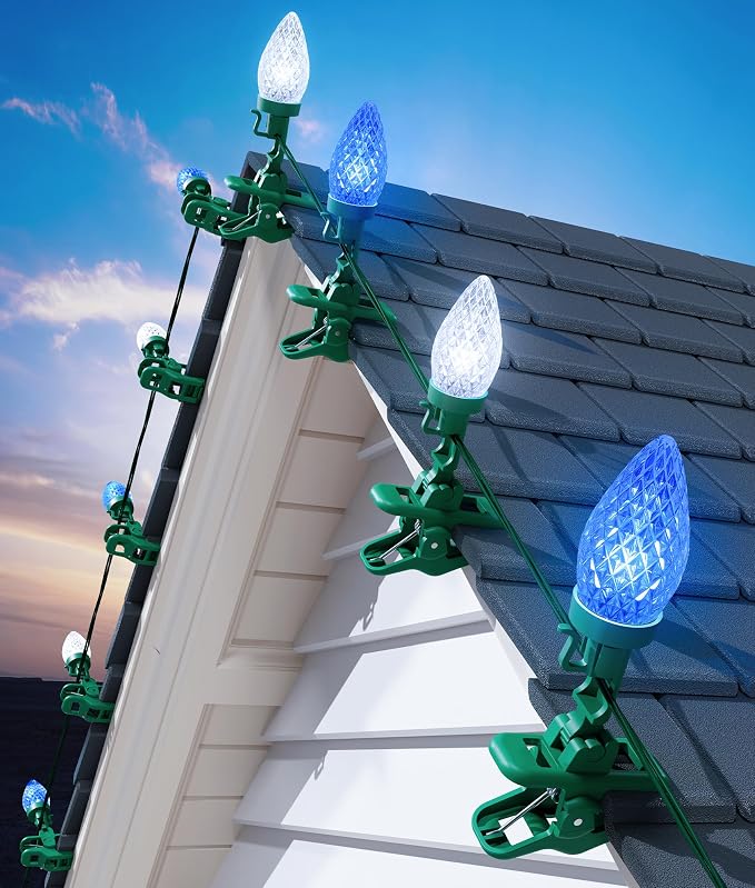 C9 Christmas Lights Outdoor, 102FT 150 LED String Lights with Spring Clips | Waterproof Connectable Commercial Grade Christmas Tree Lights for Outside Roofline Patio Yard Home Decor, Blue|Pure White