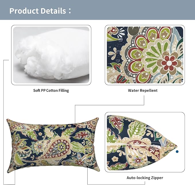 Outdoor Lumbar Pillows with Insert 12x20 Inch, Waterproof Throw Pillow for Patio Furniture, Decorative Lumbar Cushions for Garden Home Sofa Office Chair, Set of 2, Paisley Sapphire Blue