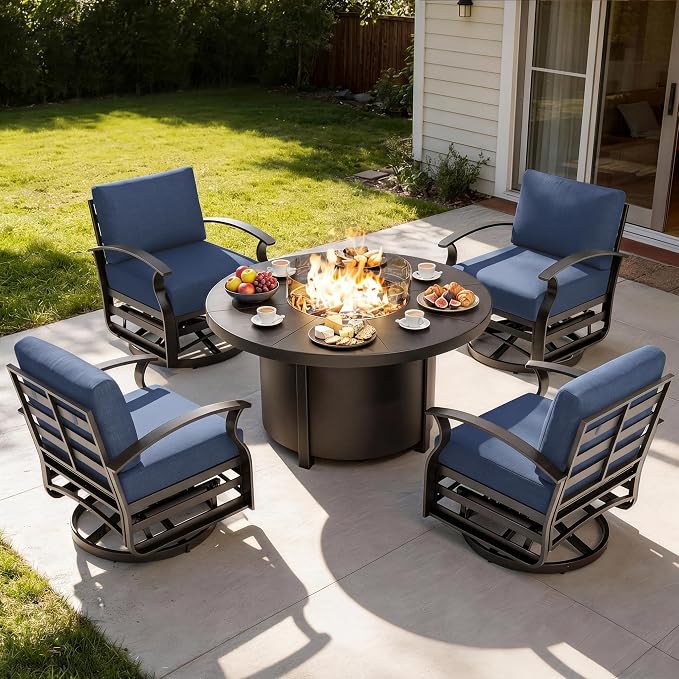 Gotland 5 Piece Patio Set, Aluminum Outdoor Swivel Chairs Set with 48’’ Round Fire Pit 5.1’’ High-Resilience Seat Cushions 29.5" Deep Seating, Metal Patio Furniture Set Patio Conversation Sets, Grey