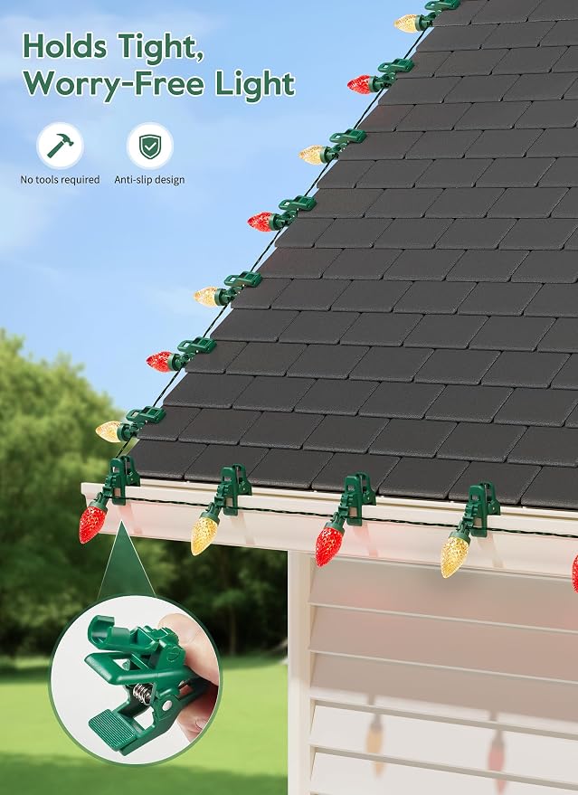 C9 Christmas Lights Outdoor, 102FT 150 LED String Lights with Spring Clips | Waterproof Connectable Commercial Grade Christmas Tree Lights for Outside Roofline Patio Yard Home Xmas Decor, Red|Warm White
