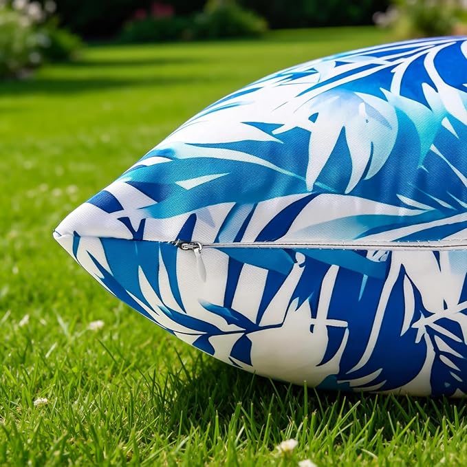 Outdoor Tropical Leaves Pillow Covers Waterproof Decorative Blue Leaf Pillow Covers Summer Accent Couch Covers Garden Farmhouse Throw Cushion Cases 20x20 Set of 2 for Patio Tent Balcony Bench Sofa