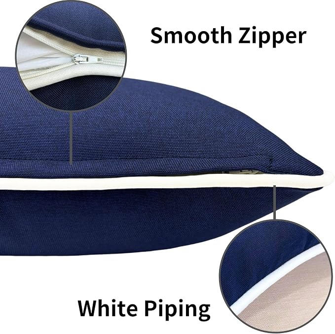 HER HWA Outdoor Lumbar Pillow Covers White Piping 20"x12" Set of 2, Blue | durable fade-resistant water-resistant 100% polyester white piping smooth zipper machine washable for indoor outdoor décor