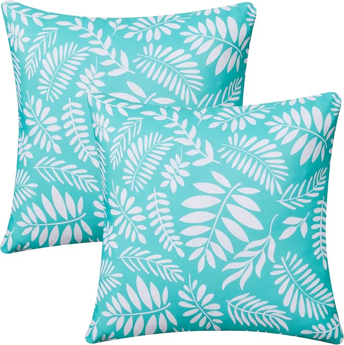 Allorry Outdoor Pillow Covers 18x18 Set of 2 Tropics Palm Leaves Blue Floral Pattern Decoration Pillow Covers for Spring Summer Outdoor Waterproof Garden Patio Sofa Bedroom Home Decor JB009-B18