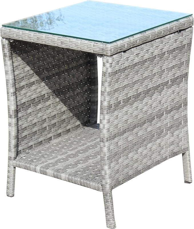 IRONORA Outdoor Wicker Side Table Patio Side Tables for Outside, Tempered Glass Top Wicker Table with Storage End Table for Balcony Porch Deck