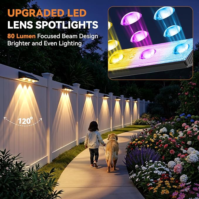 Solar Fence Lights Outdoor 10 Pack, Upgraded Brightness 3X LED Lens Fence Lights Solar Powered, 9 Fixed Colors & RGB Lights, IP65 Waterproof Solar Lights for Outside Backyard/Railing/Step/Patio