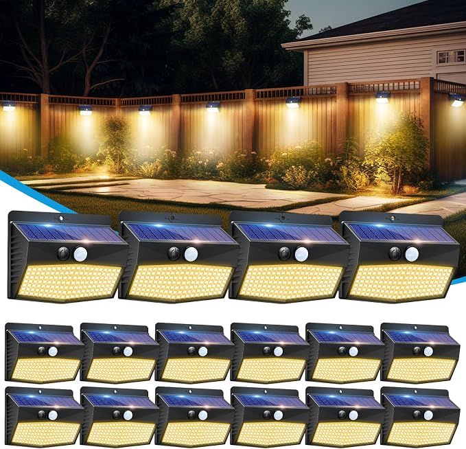 16 Packs Solar Outdoor Lights Motion Sensor Solar Security Light Waterproof with 3 Lighting Modes Solar Powered Wall Lights Outside for Garden Fence Yard, Warm White