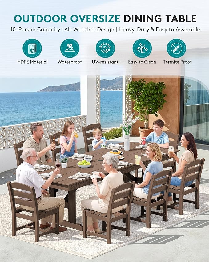 SERWALL Outdoor Armless Dining Chairs Set of 2, All-Weather HDPE Patio Chair with 19.7" Widened Seat, for Backyard, Garden, Brown