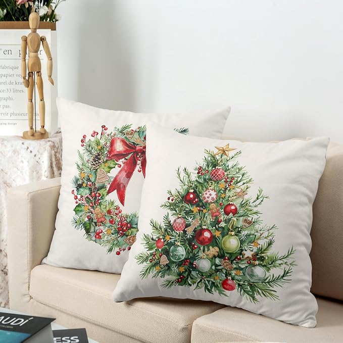 Set of 2 Christmas Tree Pillow Covers Xmas Wreath Throw Pillow Covers Red and Green Decorative Pillow Case 20x20 Winter Holiday Cushion Case for Home Decor Couch Sofa