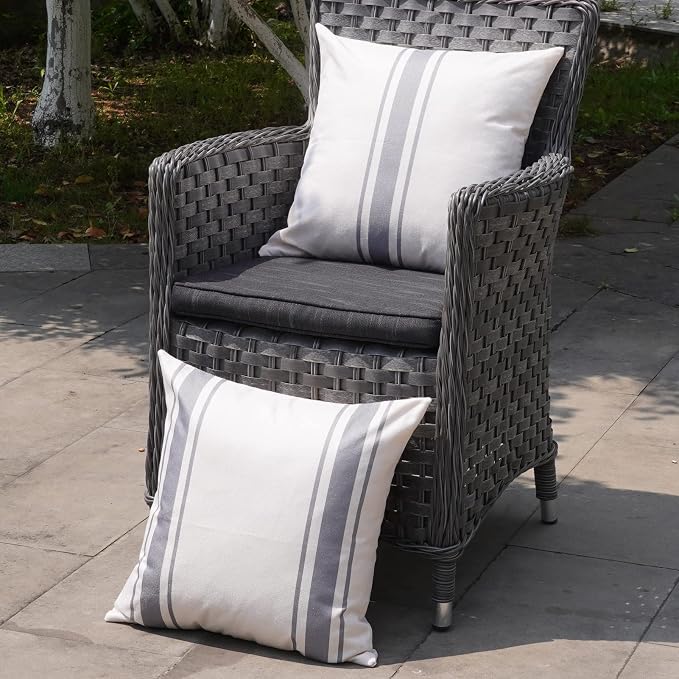 ONWAY Outdoor Pillow Covers Waterproof 18x18 Set of 2 Decorative Linen Throw Pillow Cover Beige and Grey Striped Outdoor Pillows for Patio Furniture