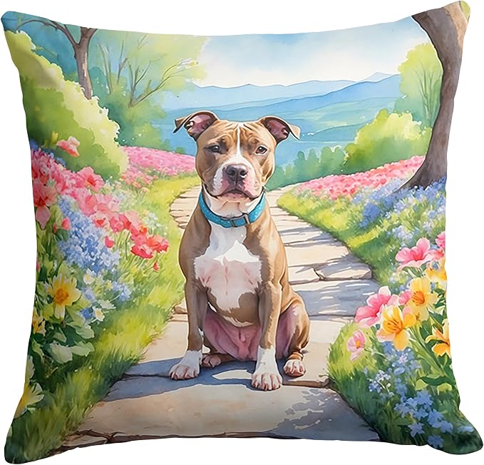 Caroline's Treasures Pit Bull Terrier Spring Path Throw Pillow Machine Washable, Indoor Outdoor Decorative Pillow for Couch, Bed or Patio, 14Hx14W