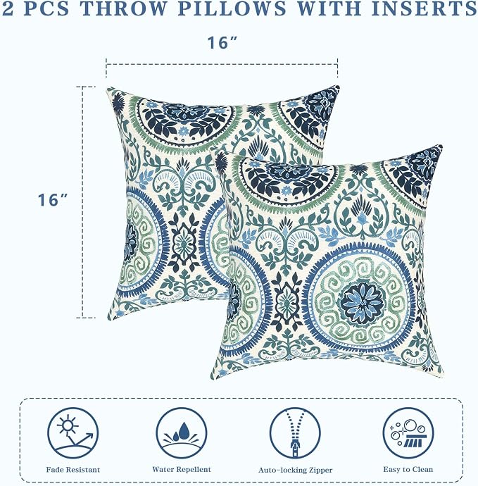 LVTXIII Outdoor Throw Pillows 16x16 Inch, Set of 2 Square Decorative Pillows with Inserts for Patio Furniture, Porch Chair, Garden Sofa, Coastal Medallion