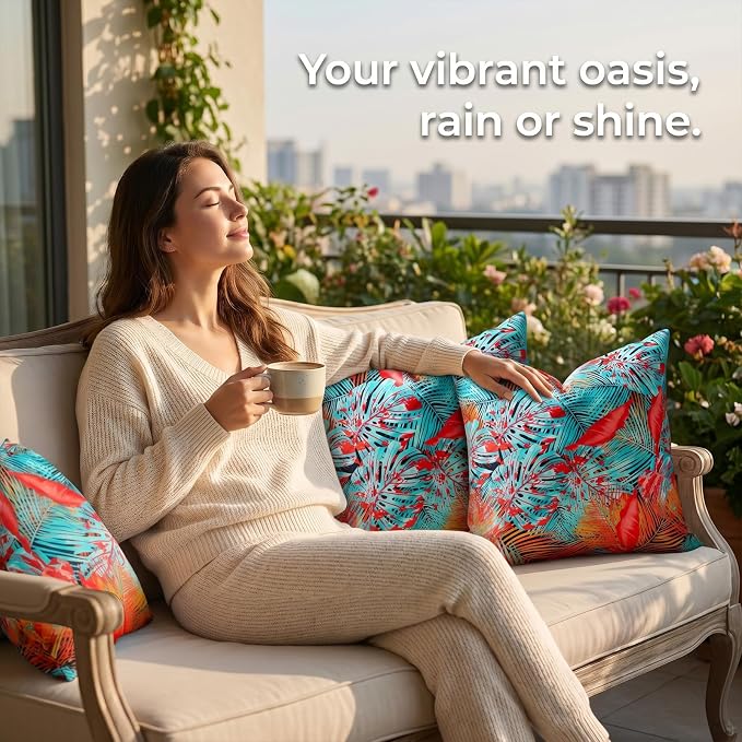 Outdoor Pillow Covers Tropical Leaves Waterproof Summer Throw Pillow Covers Decorative Blue Red Leaf Couch Covers 20x20 Set of 2 Square Cushion Cases for Patio Furniture Garden Tent Balcony Bench