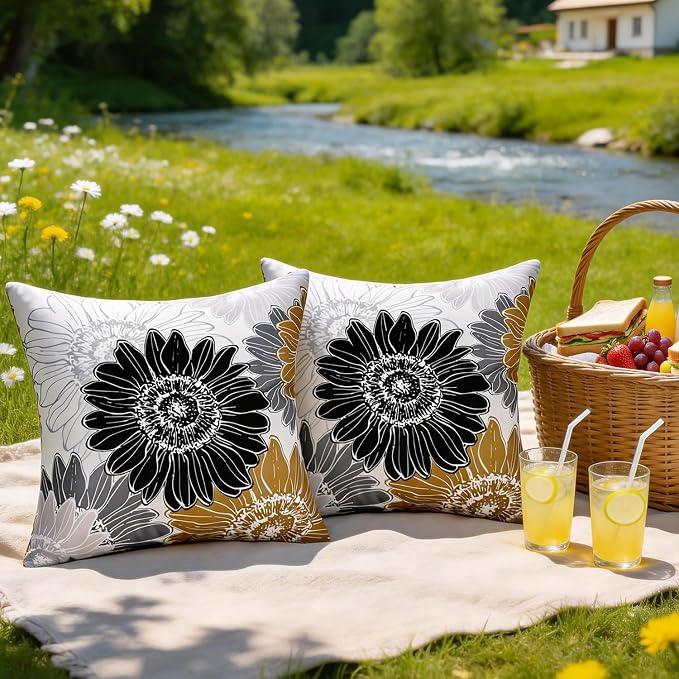 Outdoor Pillow Covers Waterproof Summer Square Cushion Covers Decorative Floral Brown Black Sunflower Throw Pillow Covers 20x20 Set of 2 Garden Throw Pillowcase for Patio Furniture Tent Balcony Bench